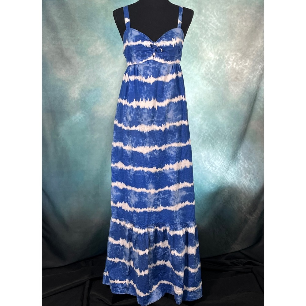 Women's Blue White Tie Dye Maxi Sundress Large 100% Cotton Patriotic Beach Dress